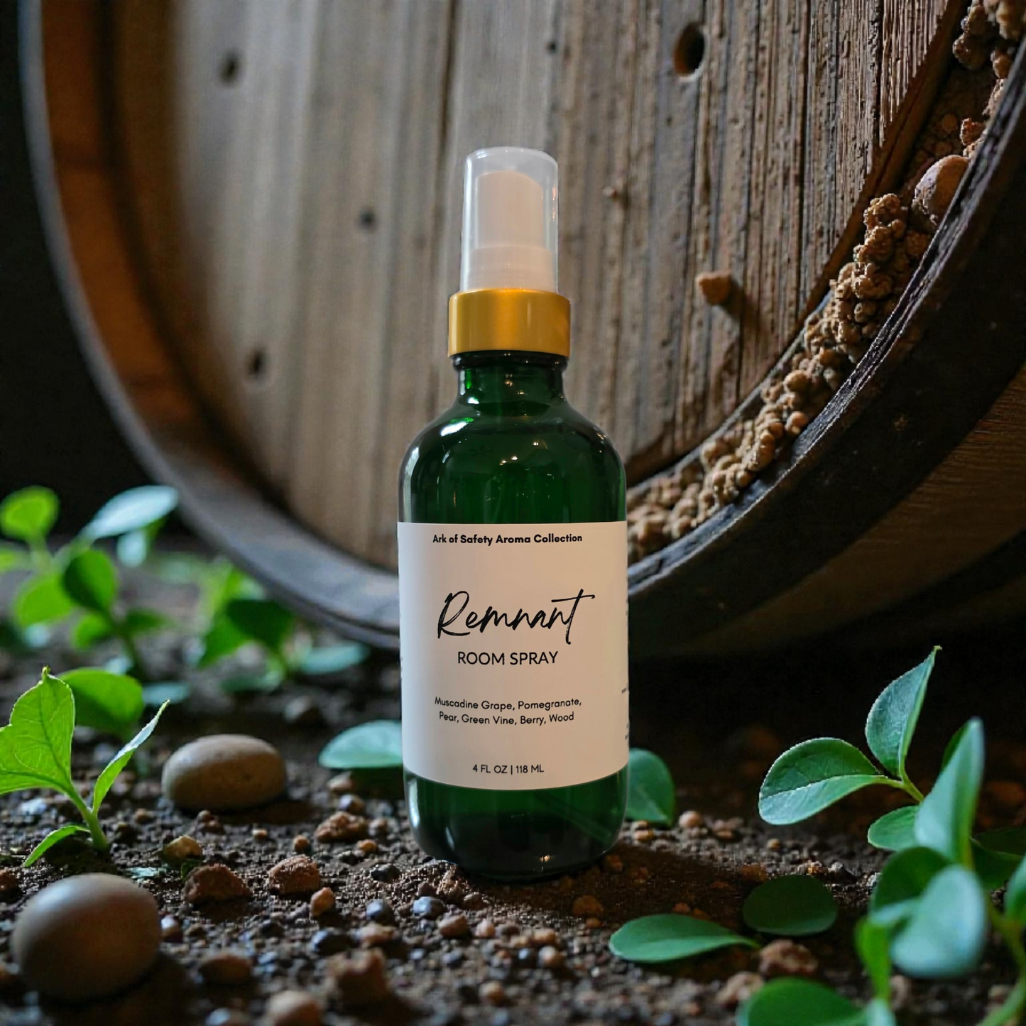 Remnant room spray by Restoring Balance Holistic, a prophetic fragrance featuring tempranillo wine, fig, red currant, oak barrel, and sandalwood in a grounded setting.