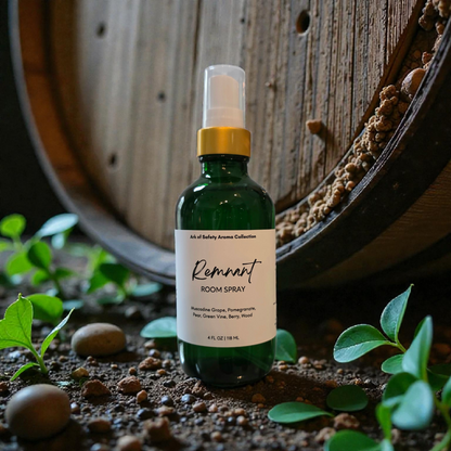 Remnant room spray by Restoring Balance Holistic, a prophetic fragrance featuring tempranillo wine, fig, red currant, oak barrel, and sandalwood in a grounded setting.